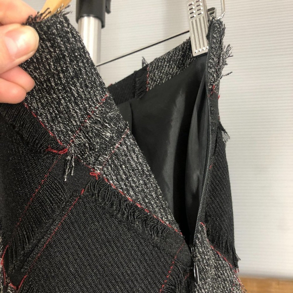 Denver Hayes Diagonal Stripe Patchwork Fringe Midi Dress Black Grey Red Sz 8 - Picture 5 of 15